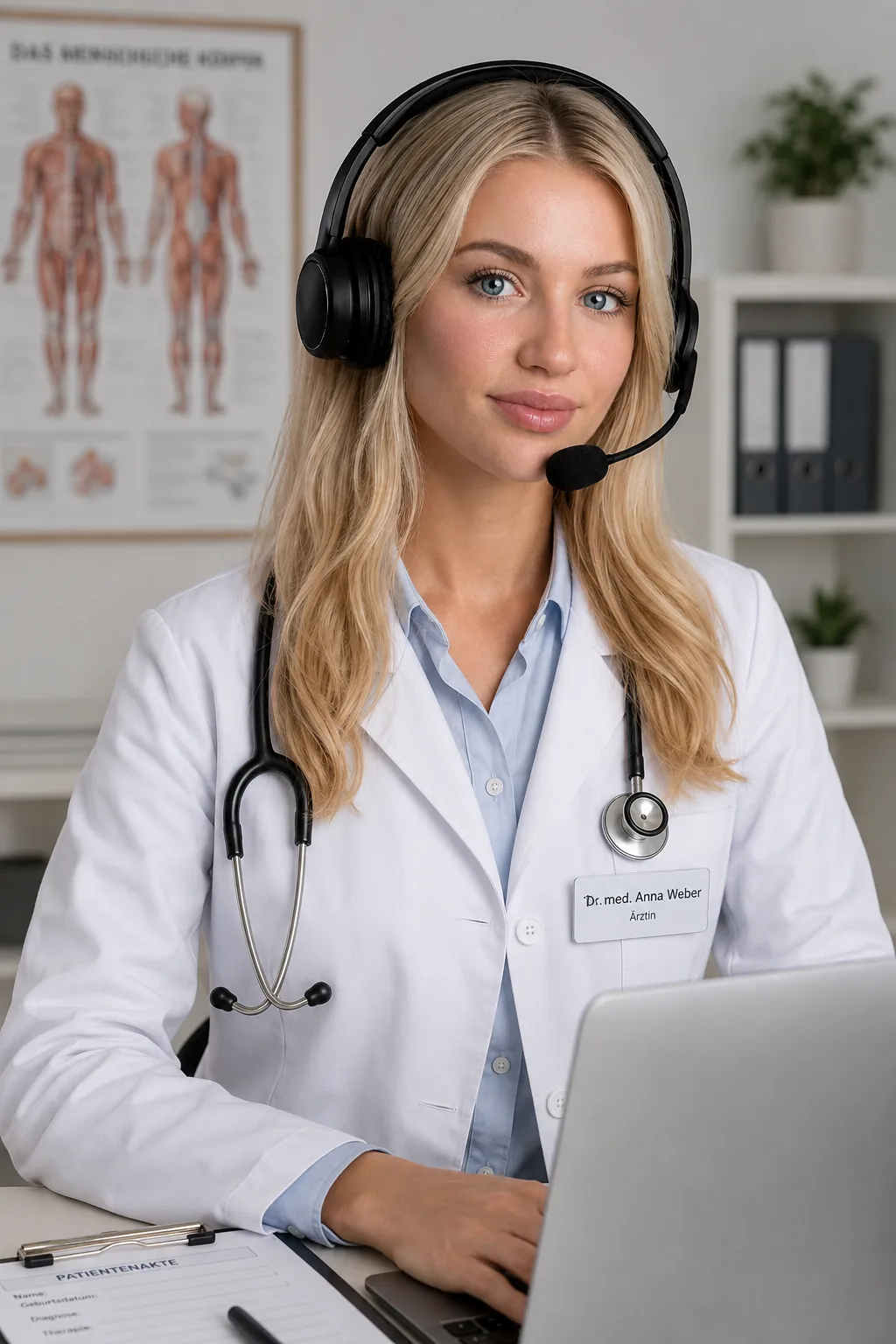 Ärztin mit Headset für ästhetische Online-Beratung